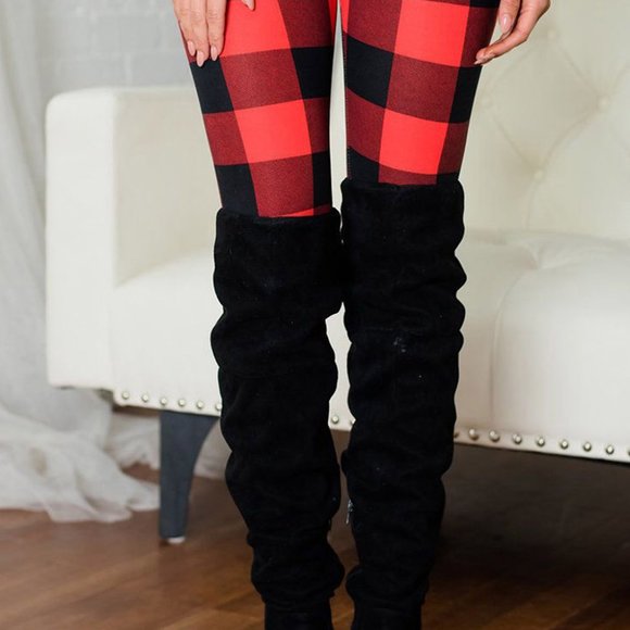 Black Red Buffalo Check Plaid Leggings - Picture 3 of 11